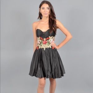 Blondie nites embroidered black satin dress